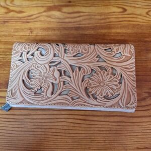 Trinity Ranch Tooled Wallet Khaki Bohemian Inspired Intricate Zipper Tri Fold
